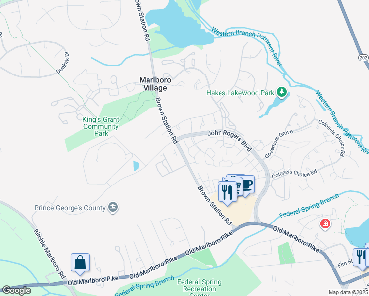 map of restaurants, bars, coffee shops, grocery stores, and more near 4913 King Patrick Way in Upper Marlboro