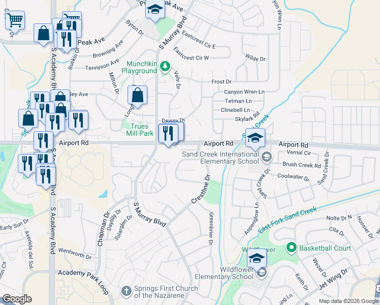map of restaurants, bars, coffee shops, grocery stores, and more near 550 Welsh Circle in Colorado Springs
