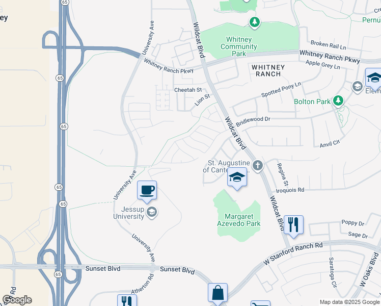 map of restaurants, bars, coffee shops, grocery stores, and more near 1517 Peony Lane in Rocklin