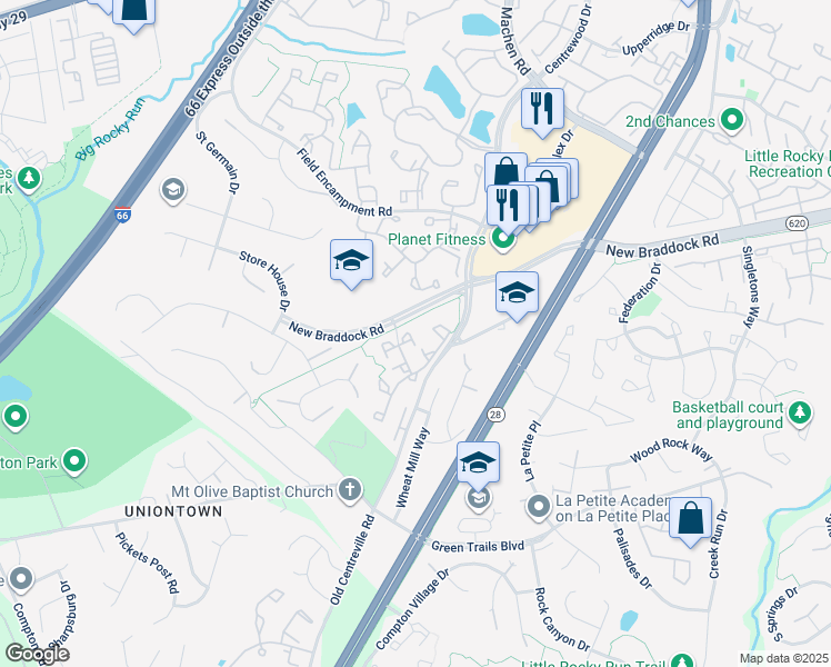map of restaurants, bars, coffee shops, grocery stores, and more near 6305 Powder Flask Court in Centreville