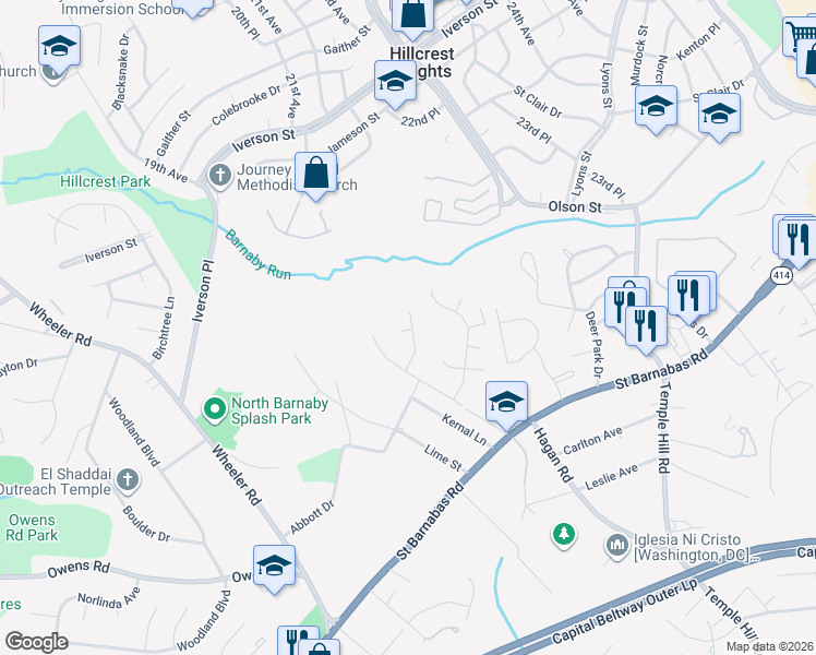 map of restaurants, bars, coffee shops, grocery stores, and more near 4607 Dara Drive in Temple Hills