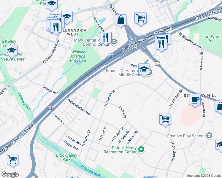 map of restaurants, bars, coffee shops, grocery stores, and more near 1320 North Pegram Street in Alexandria