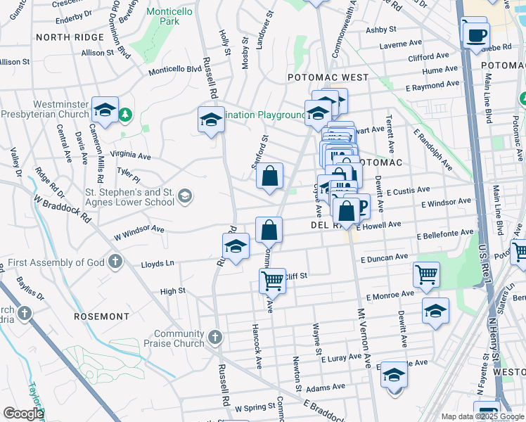 map of restaurants, bars, coffee shops, grocery stores, and more near 12 West Custis Avenue in Alexandria
