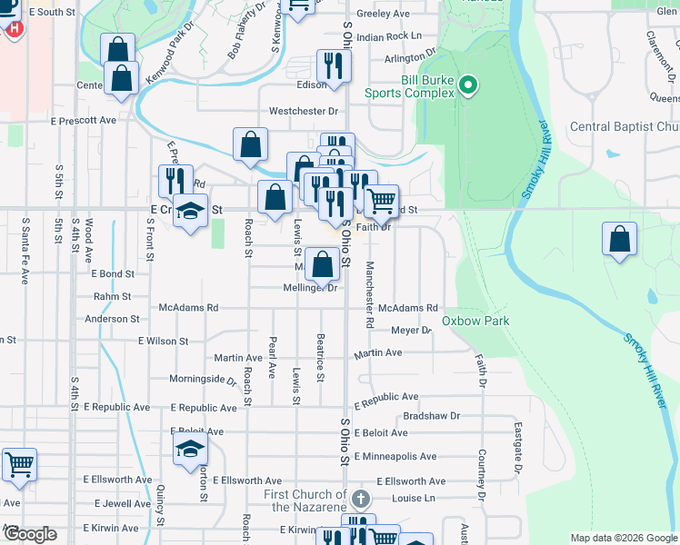 map of restaurants, bars, coffee shops, grocery stores, and more near 1019 Mellinger Drive in Salina