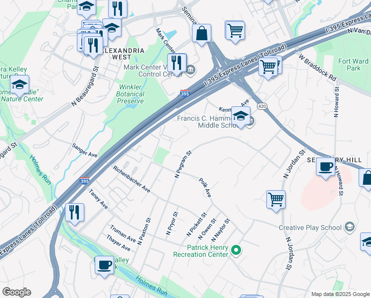 map of restaurants, bars, coffee shops, grocery stores, and more near 1320 North Pegram Street in Alexandria