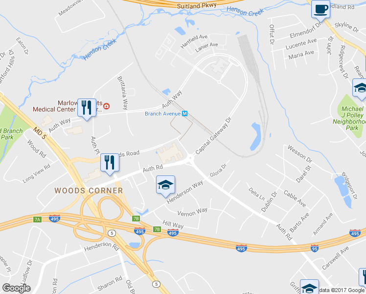 map of restaurants, bars, coffee shops, grocery stores, and more near 4701 Old Soper Road in Camp Springs