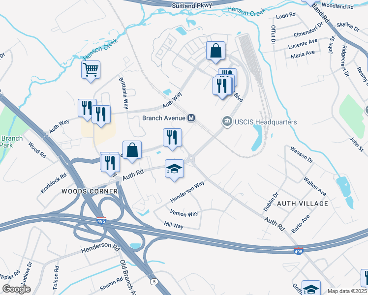 map of restaurants, bars, coffee shops, grocery stores, and more near Old Soper Road in Camp Springs