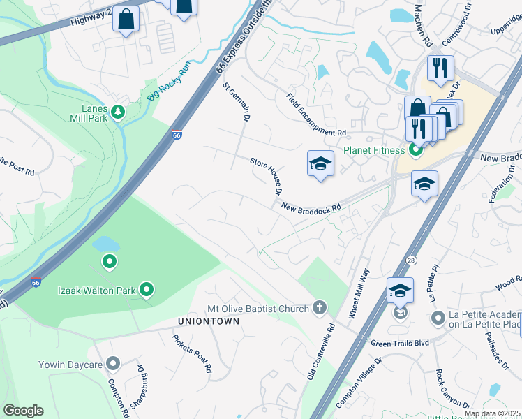 map of restaurants, bars, coffee shops, grocery stores, and more near 14501 Picket Oaks Road in Centreville