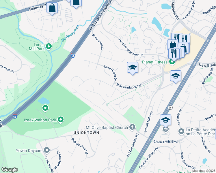 map of restaurants, bars, coffee shops, grocery stores, and more near 14501 Picket Oaks Road in Centreville
