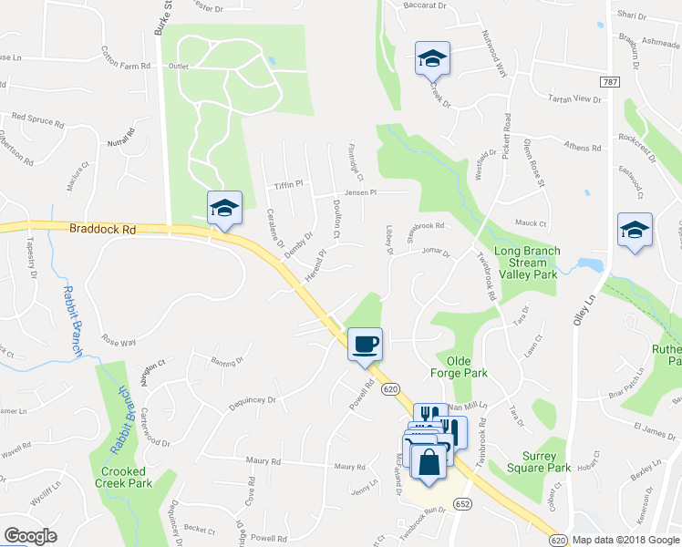 map of restaurants, bars, coffee shops, grocery stores, and more near 9607 Ceralene Court in Fairfax