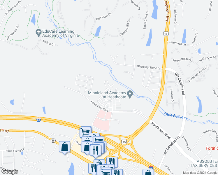 map of restaurants, bars, coffee shops, grocery stores, and more near 6124 Aster Haven Circle in Haymarket