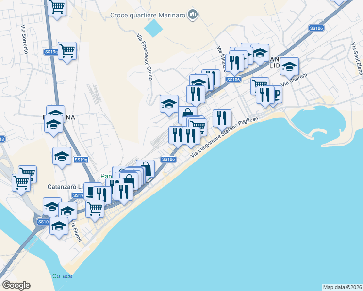 map of restaurants, bars, coffee shops, grocery stores, and more near 7 Via dei Crociati in Catanzaro