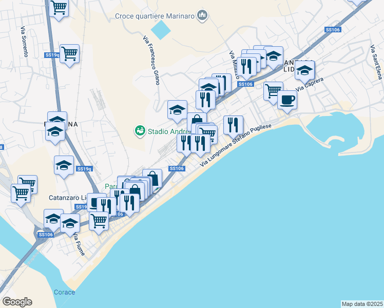 map of restaurants, bars, coffee shops, grocery stores, and more near 7 Via dei Crociati in Catanzaro