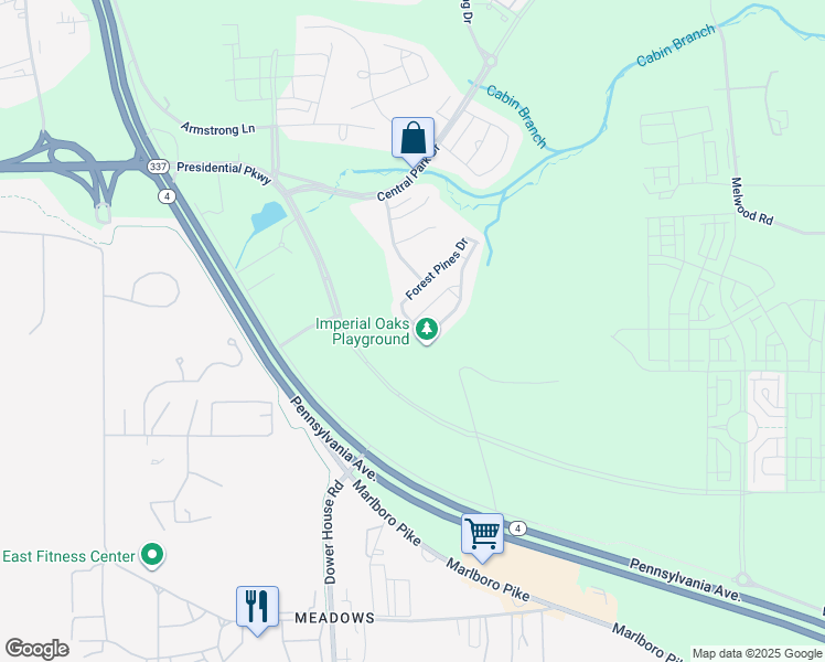 map of restaurants, bars, coffee shops, grocery stores, and more near 4907 Forest Pines Drive in Upper Marlboro