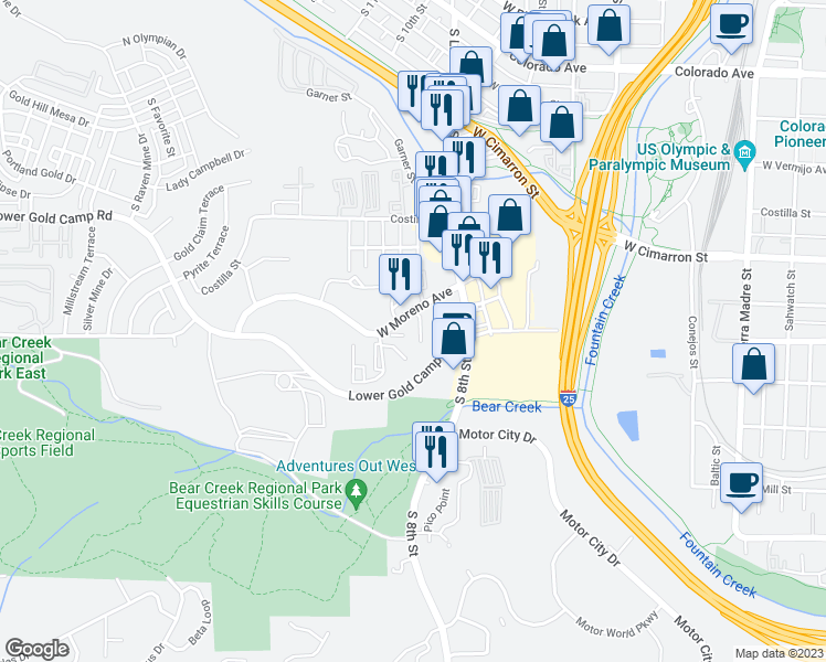 map of restaurants, bars, coffee shops, grocery stores, and more near 875 West Moreno Avenue in Colorado Springs