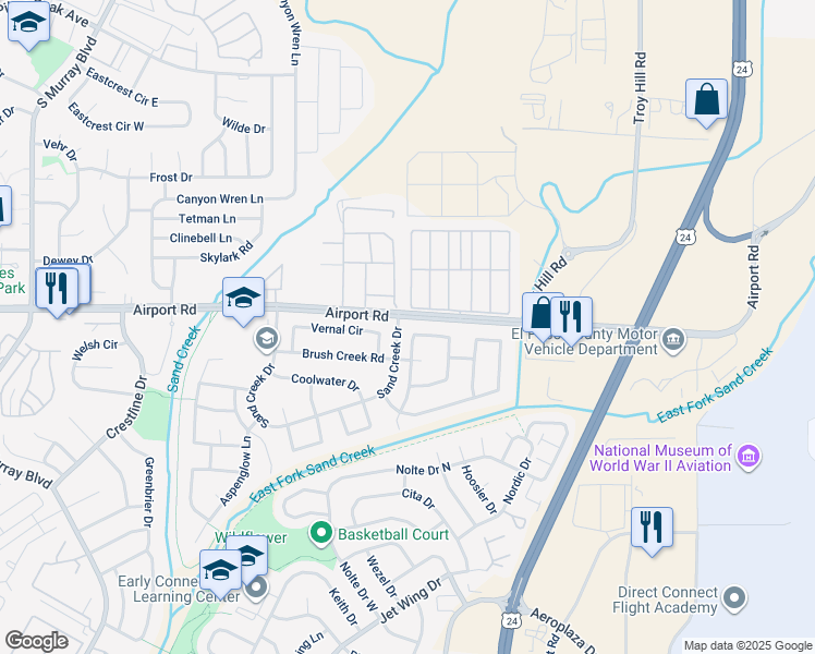 map of restaurants, bars, coffee shops, grocery stores, and more near 692 Prairie Star Circle in Colorado Springs