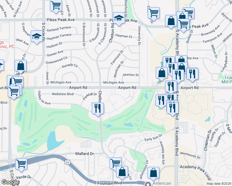 map of restaurants, bars, coffee shops, grocery stores, and more near 457 Valley Hi Circle in Colorado Springs