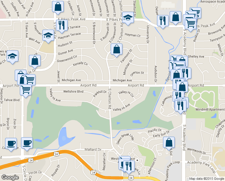 map of restaurants, bars, coffee shops, grocery stores, and more near 413 South Chelton Road in Colorado Springs