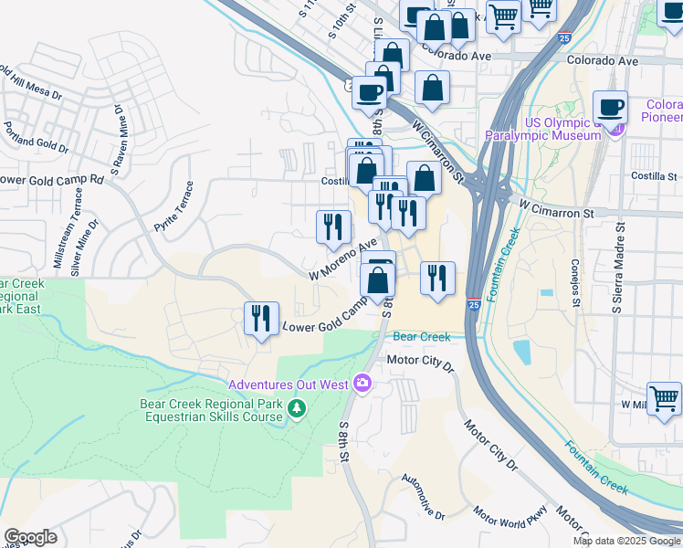 map of restaurants, bars, coffee shops, grocery stores, and more near 875 West Moreno Avenue in Colorado Springs