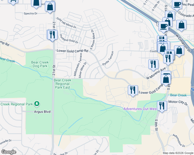 map of restaurants, bars, coffee shops, grocery stores, and more near 1343-1363 West Rio Grande Street in Colorado Springs