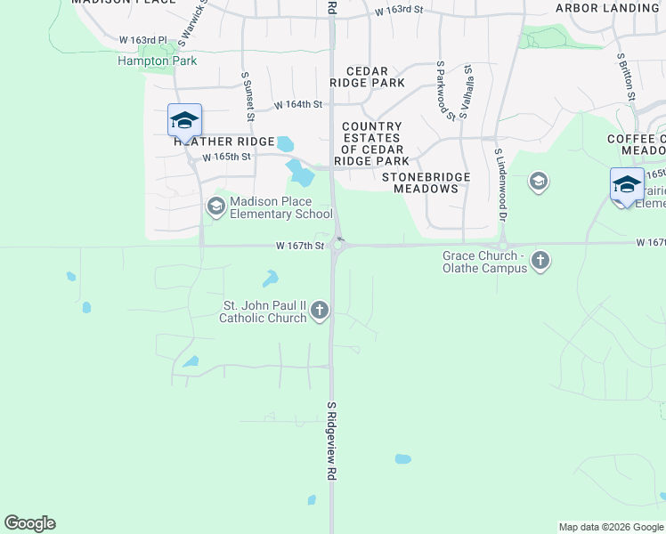 map of restaurants, bars, coffee shops, grocery stores, and more near 16585 South Ridgeview Road in Olathe
