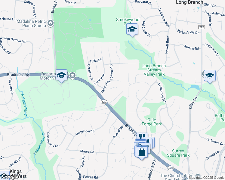 map of restaurants, bars, coffee shops, grocery stores, and more near 9607 Ceralene Court in Fairfax
