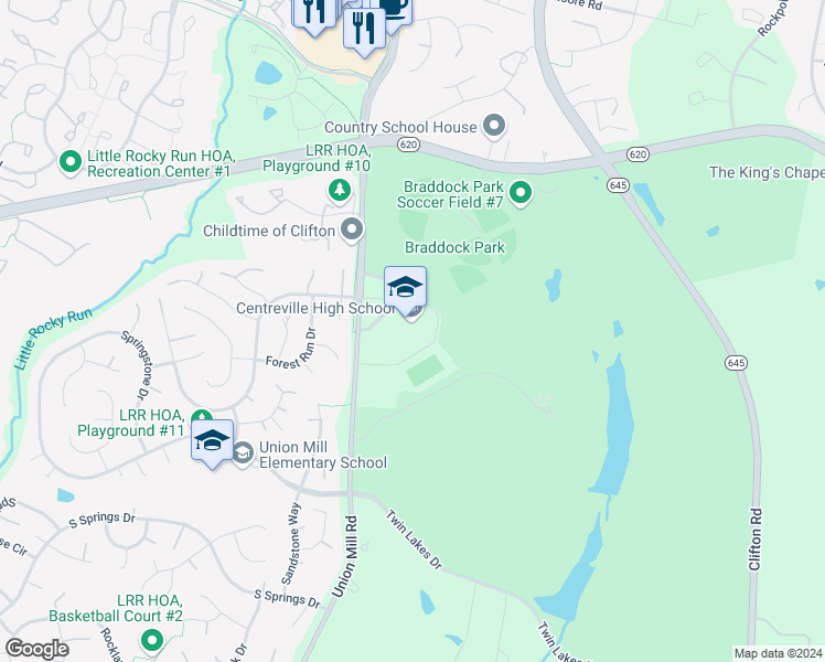 map of restaurants, bars, coffee shops, grocery stores, and more near 6001 Union Mill Road in Clifton