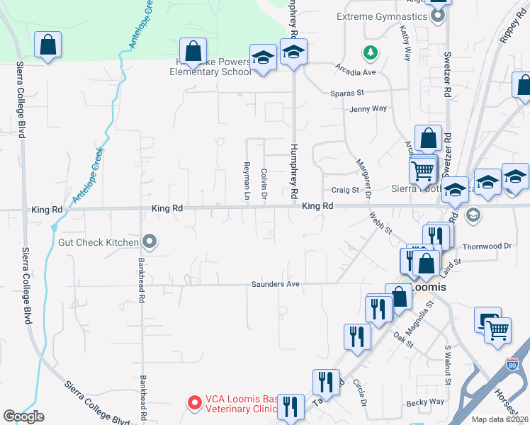 map of restaurants, bars, coffee shops, grocery stores, and more near 5470 Clayton Drive in Loomis