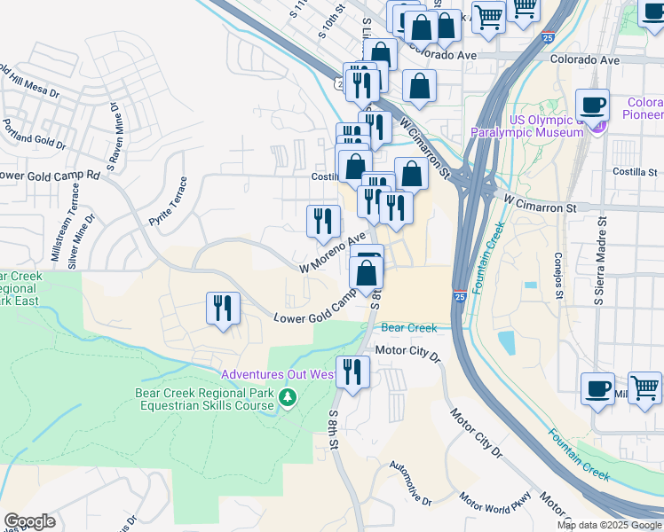 map of restaurants, bars, coffee shops, grocery stores, and more near 875 West Moreno Avenue in Colorado Springs