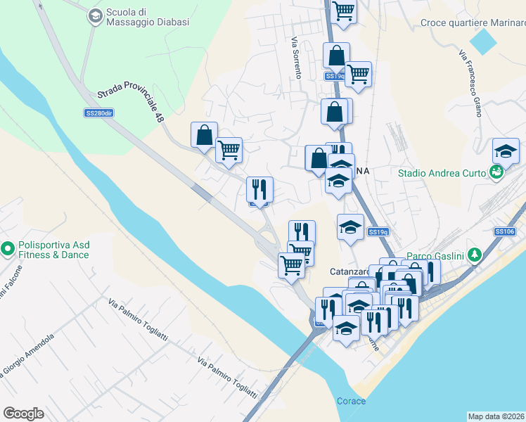 map of restaurants, bars, coffee shops, grocery stores, and more near Via Michele Maria Manfredi in Provincia di Catanzaro