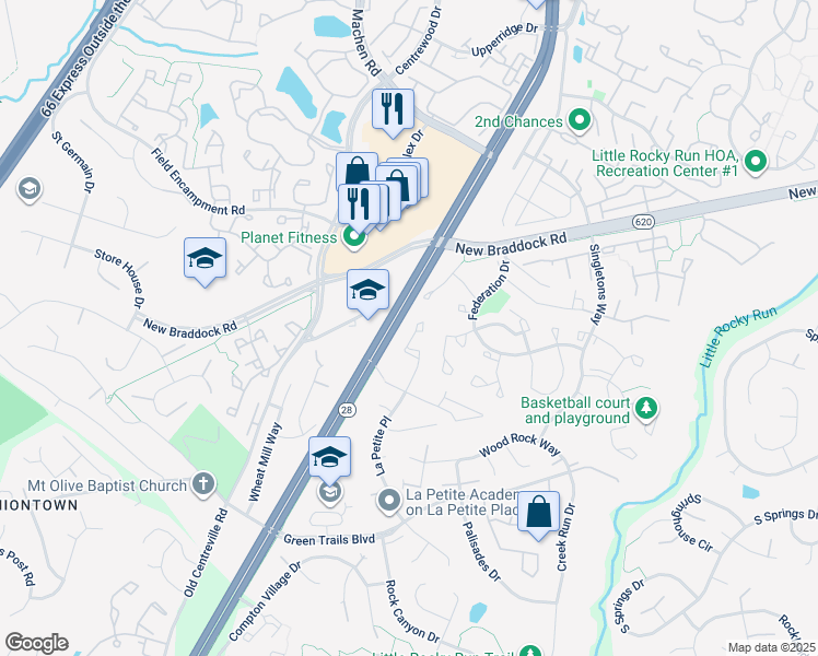 map of restaurants, bars, coffee shops, grocery stores, and more near 6346 Saint Timothys Lane in Centreville