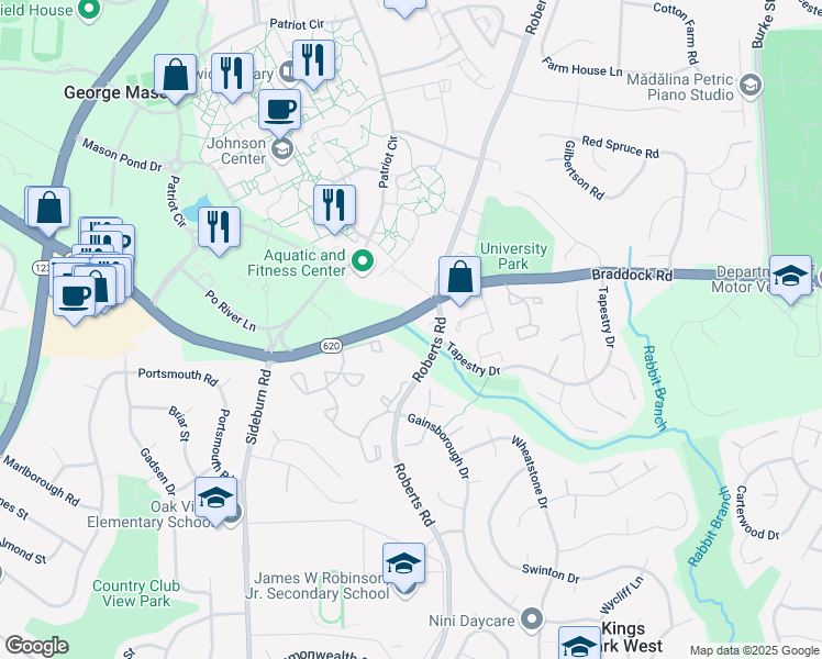 map of restaurants, bars, coffee shops, grocery stores, and more near 10305 Braddock Rd in Fairfax