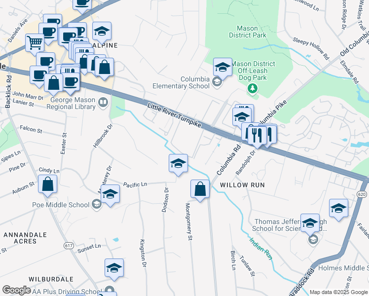 map of restaurants, bars, coffee shops, grocery stores, and more near 6762 Perry Penney Drive in Annandale