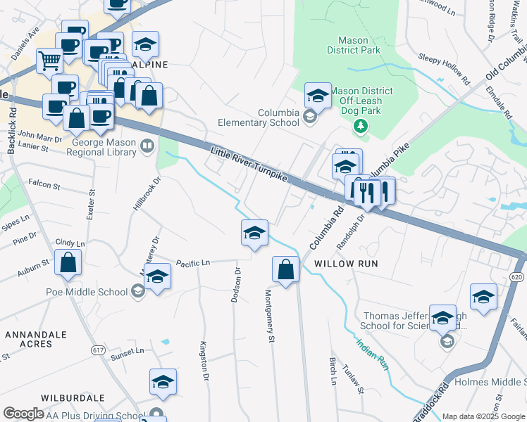 map of restaurants, bars, coffee shops, grocery stores, and more near 6752 Perry Penney Drive in Annandale