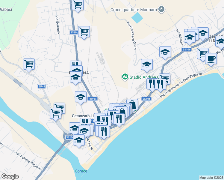 map of restaurants, bars, coffee shops, grocery stores, and more near 31 Via Trapani in Catanzaro