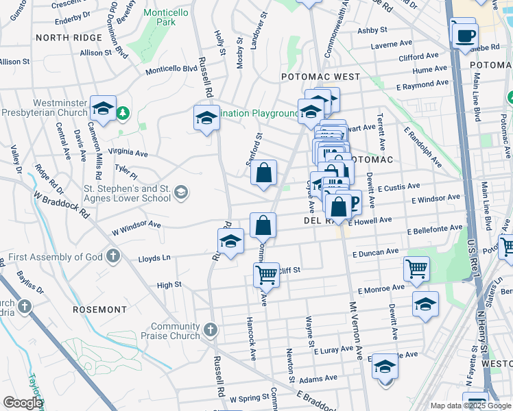 map of restaurants, bars, coffee shops, grocery stores, and more near 12 West Custis Avenue in Alexandria