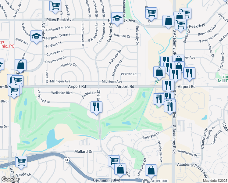 map of restaurants, bars, coffee shops, grocery stores, and more near 457 Valley Hi Circle in Colorado Springs