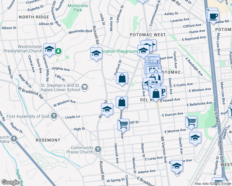 map of restaurants, bars, coffee shops, grocery stores, and more near 16 West Custis Avenue in Alexandria