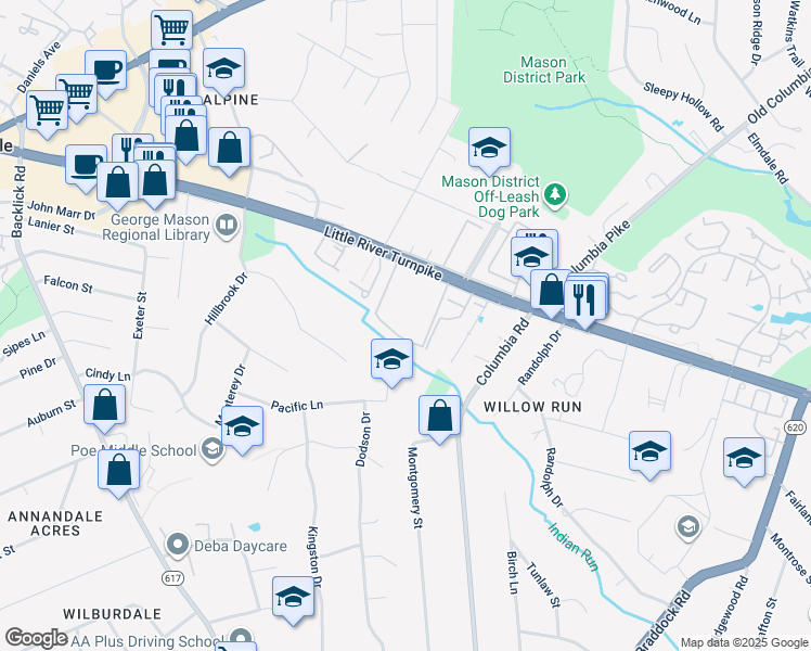 map of restaurants, bars, coffee shops, grocery stores, and more near 6774 Perry Penney Drive in Annandale