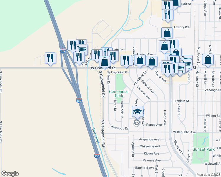 map of restaurants, bars, coffee shops, grocery stores, and more near 802 Birch Drive in Salina