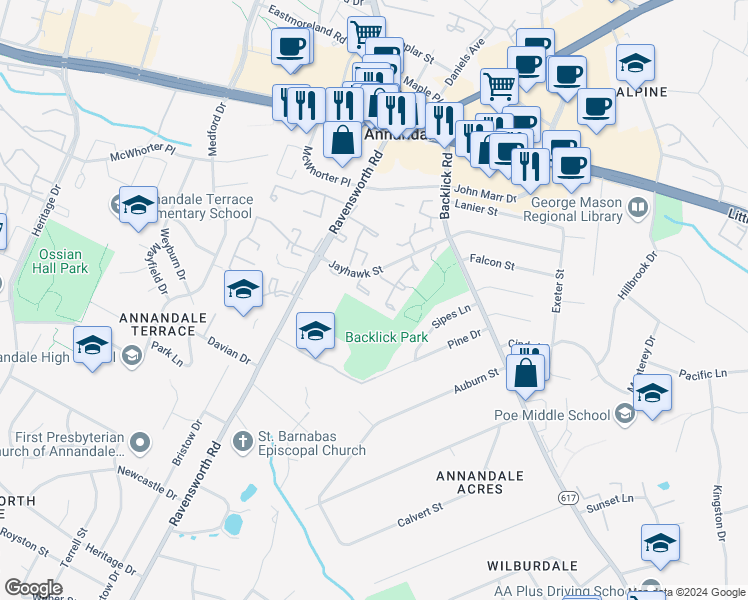 map of restaurants, bars, coffee shops, grocery stores, and more near 7425 Jayhawk Street in Annandale