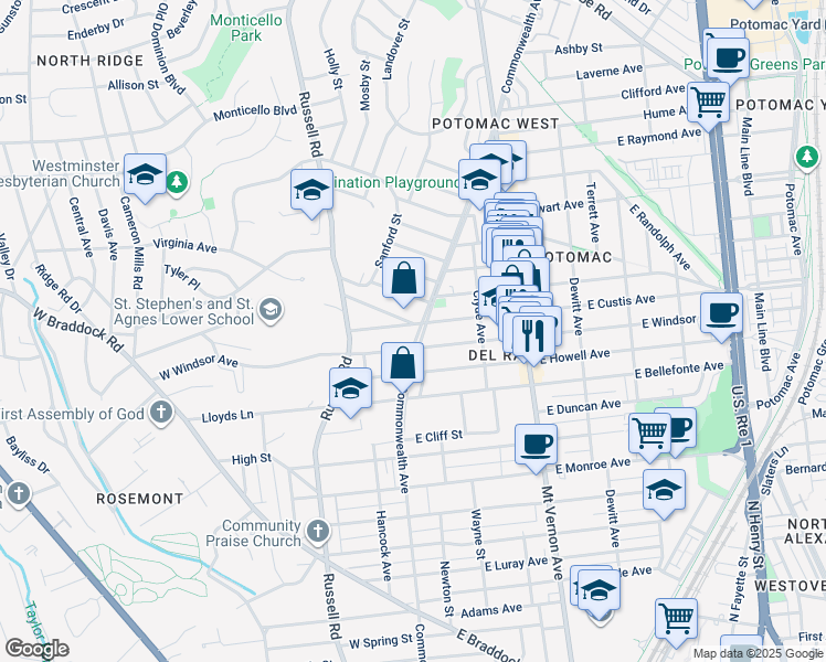 map of restaurants, bars, coffee shops, grocery stores, and more near 4 West Custis Avenue in Alexandria