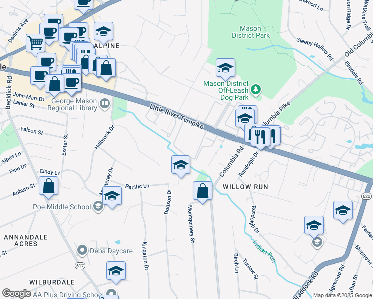 map of restaurants, bars, coffee shops, grocery stores, and more near 6762 Perry Penney Drive in Annandale
