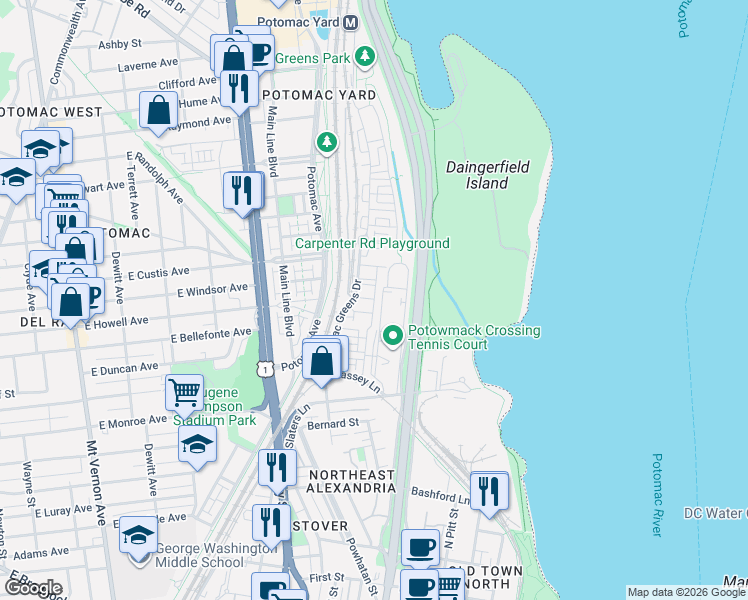 map of restaurants, bars, coffee shops, grocery stores, and more near Fitzhugh Way in Alexandria
