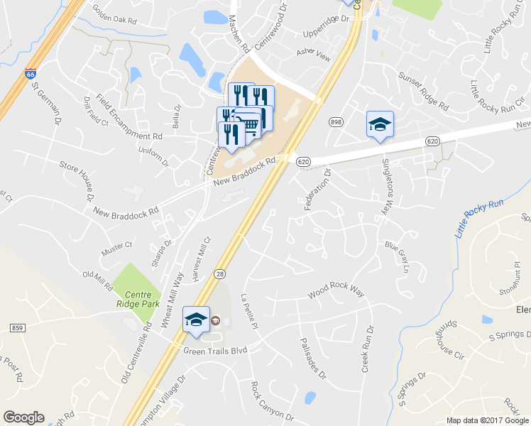 map of restaurants, bars, coffee shops, grocery stores, and more near 6346 Saint Timothys Lane in Centreville
