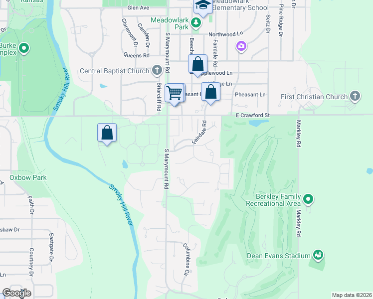 map of restaurants, bars, coffee shops, grocery stores, and more near 2114 Country Hills Road in Salina