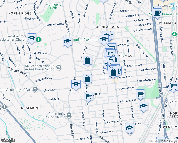 map of restaurants, bars, coffee shops, grocery stores, and more near 4 West Custis Avenue in Alexandria