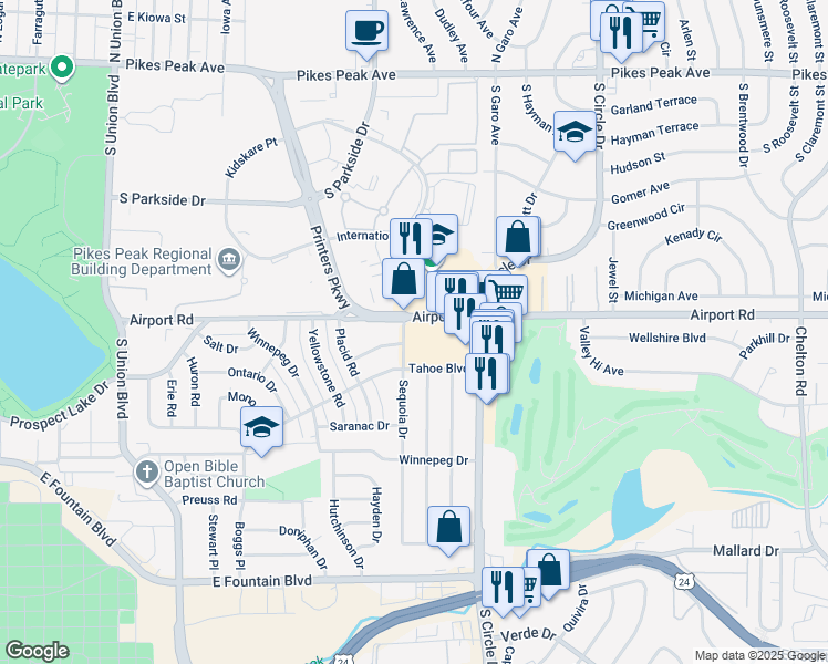 map of restaurants, bars, coffee shops, grocery stores, and more near 2573 Airport Road in Colorado Springs