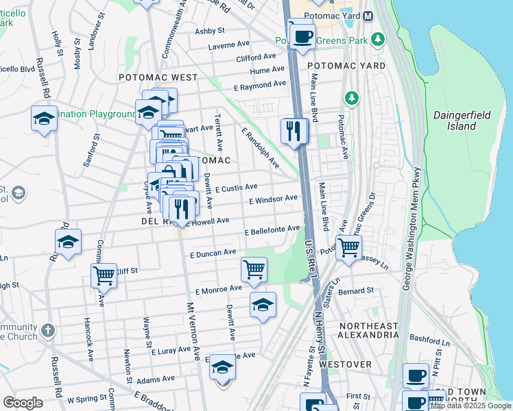 map of restaurants, bars, coffee shops, grocery stores, and more near 411 East Windsor Avenue in Alexandria