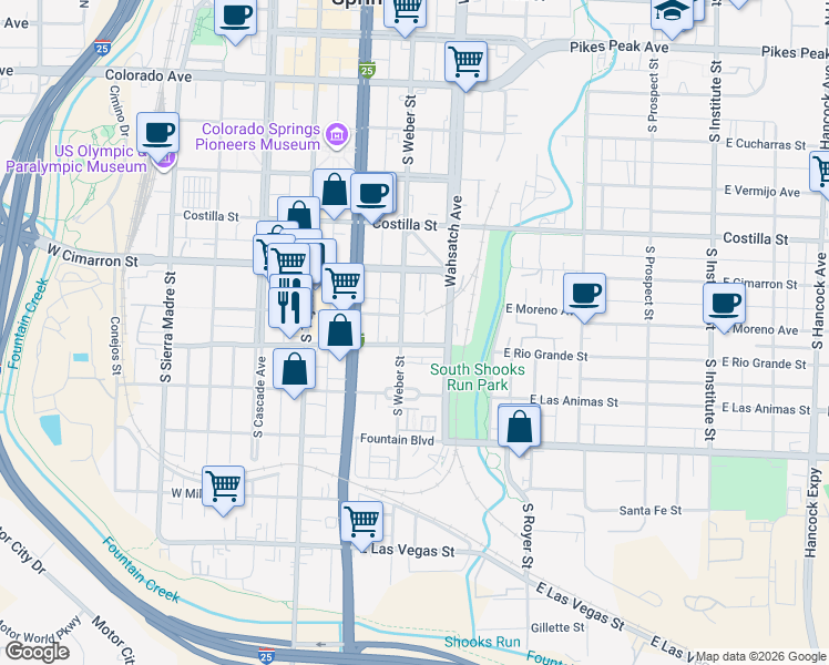 map of restaurants, bars, coffee shops, grocery stores, and more near 627 South Weber Street in Colorado Springs